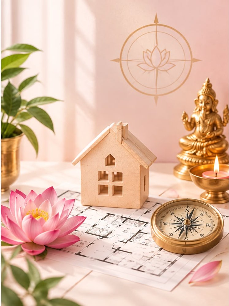 Energy Vastu: wooden house model, floor plan, compass, lotus and brass Ganesha