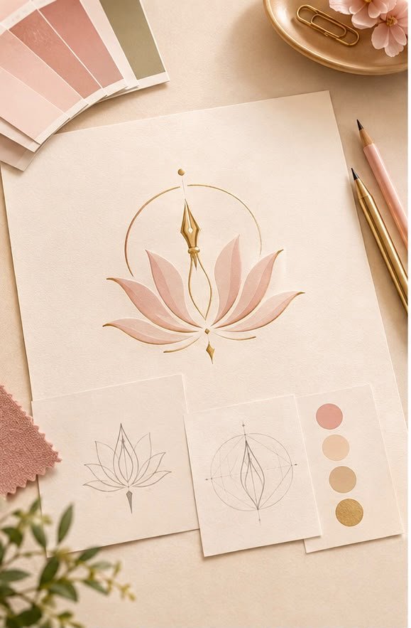 Logo design: lotus and pen-nib logo concept with sketches and colour palette