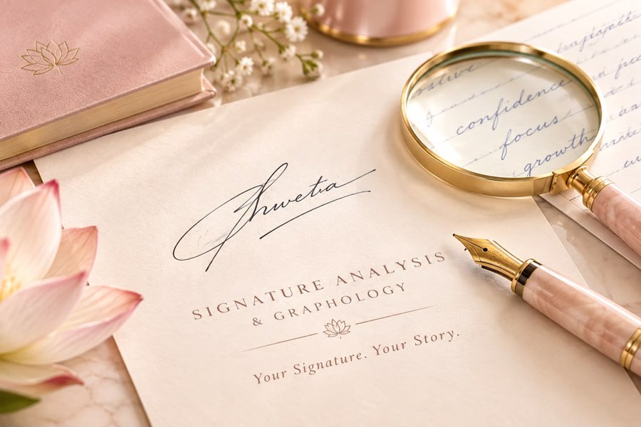 Signature consulting: signature on paper with magnifying glass and pen