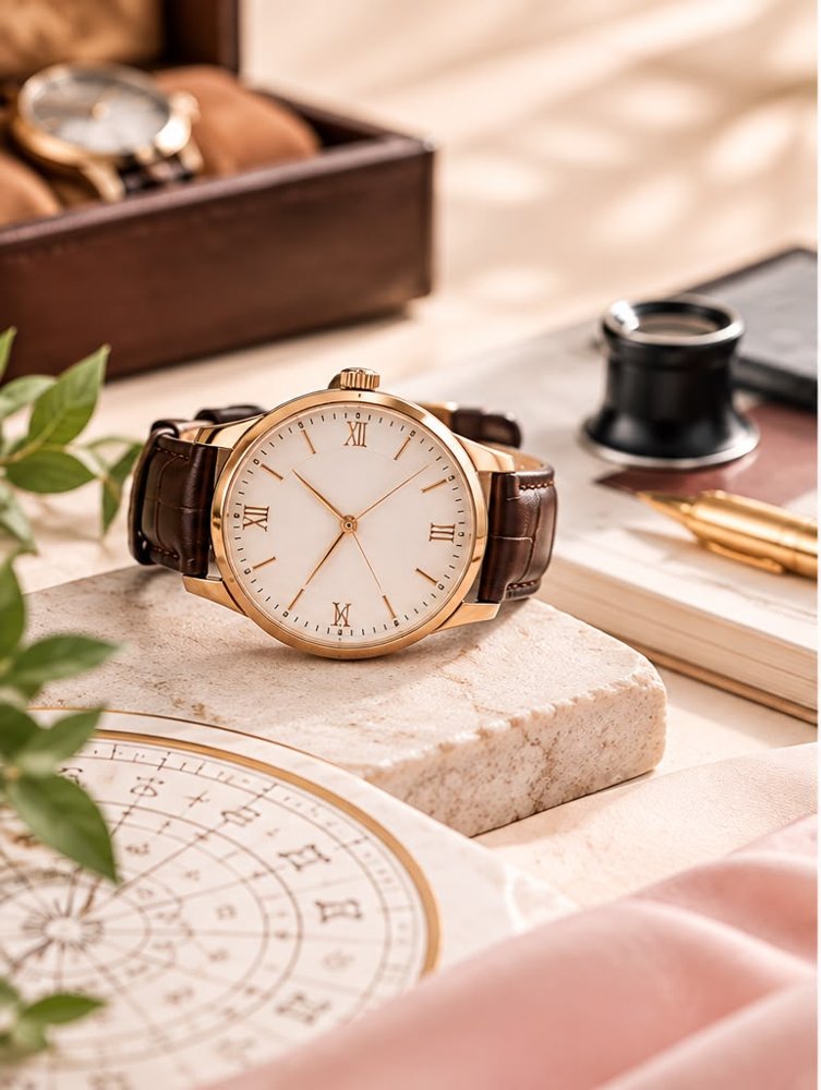 Wrist watch analysis: watch on a marble block with astrology chart and pen